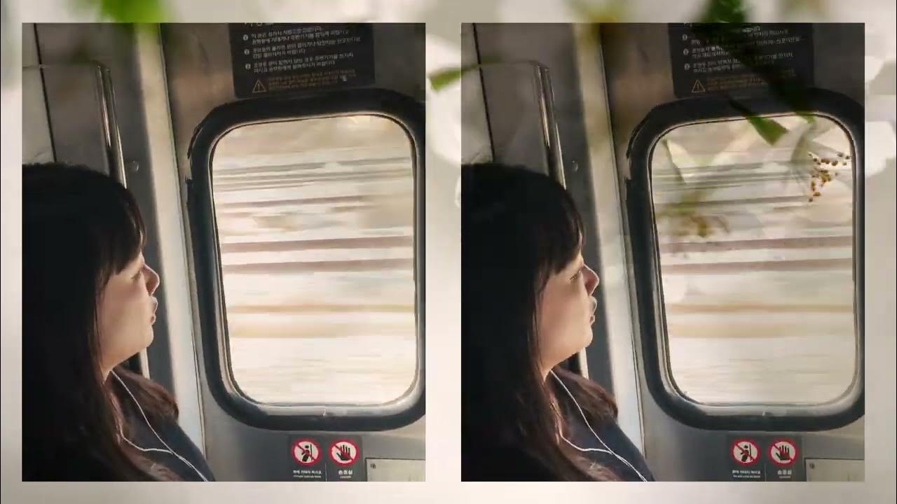 Embedded video: Grace looking out of a train door, dreamy; white cherry blossoms in second layer behind it