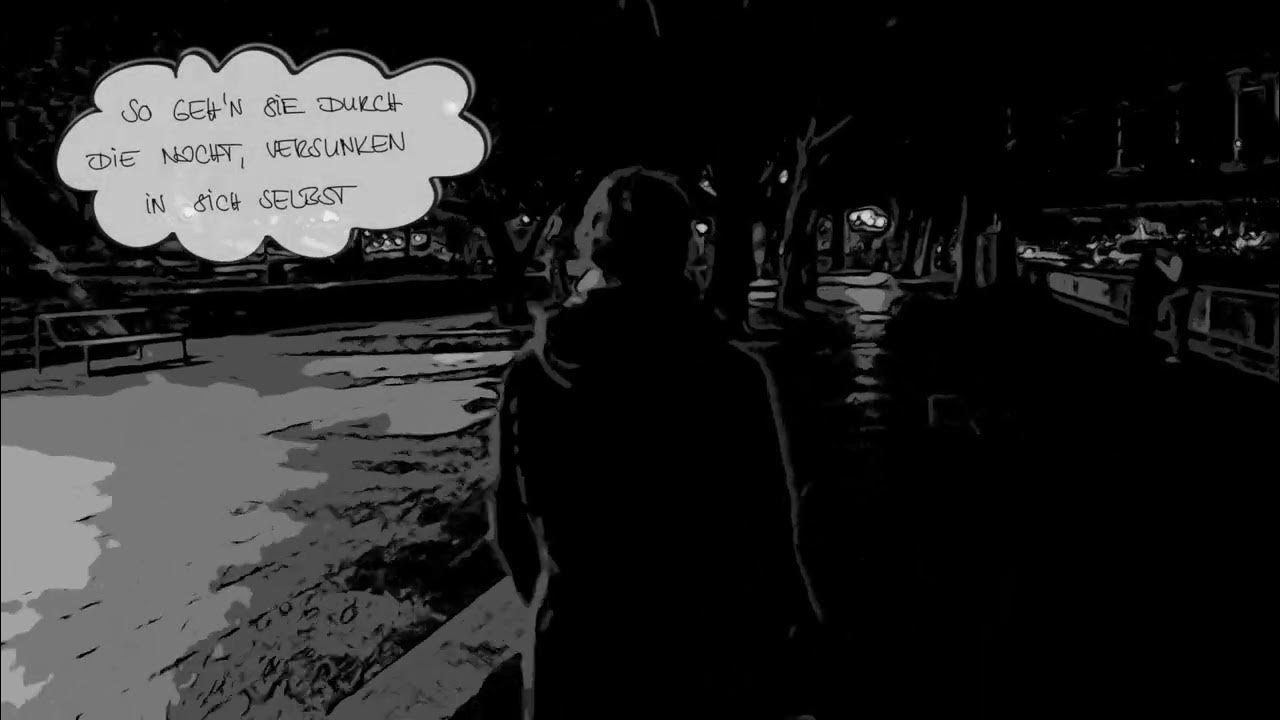 Embedded video: comic filter; Tabea from the back walking in the darkness through a tree avenue, a white cloud in the left upper corner with the lyrics: „So geh'n sie durch die Nacht, versunken in sich selbst“